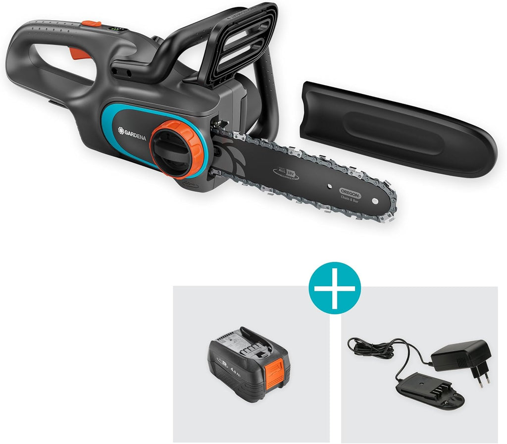 Gardena Akku-Kettensäge PowerSaw 250/18V P4A Ready-To-Use Set: Oregon Kette, Ergonomisch, Geräuscharm, Kettenbremse, Kabellos (14790-20)