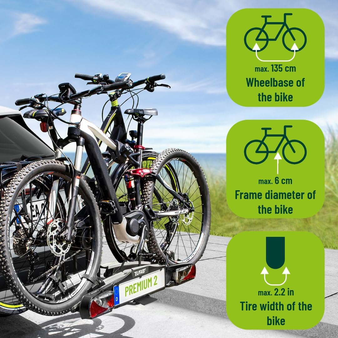 EUFAB 11521 Premium 2 Bicycle Carrier, Suitable for E-Bikes, Completely Pre-Assembled, Anti-Theft Protection, for 2 Bicycles, for Towing Hitch, Black, Silver