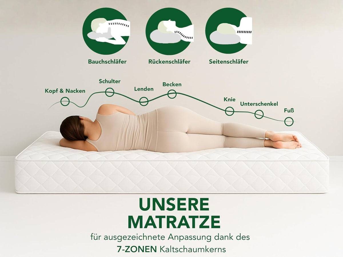 DREAMSTAR Ergo Flex XXL Duo 7-Zonen Matratze 140x200 cm | H2&H3 | Ergonomische Kaltschaummatratze | Hypoallergen & Antibakteriell | Bezug abnehmbar & waschbar | Öko-TEX® | (22cm, 140 x 200 cm)