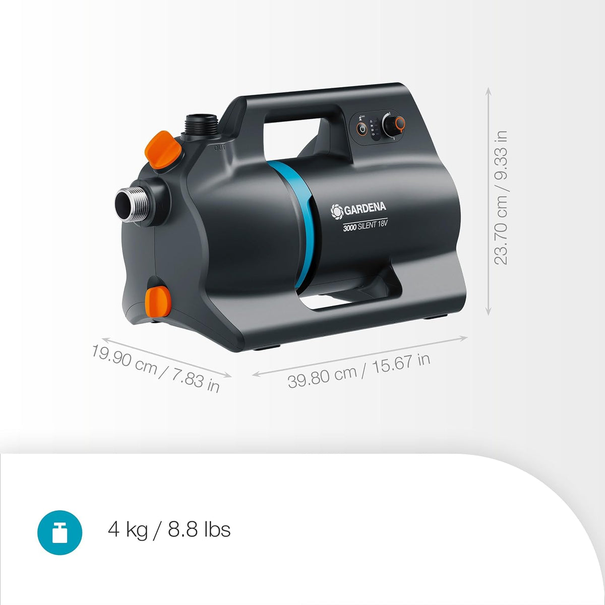 Gardena Akku-Gartenpumpe 3000 Silent 18V P4A Ready-To-Use Set: Leistungsstark, Leiser Betrieb, Regen- und UV-geschütztes Gehäuse, Trockenlaufsicherung, Kabellos (14610-20)