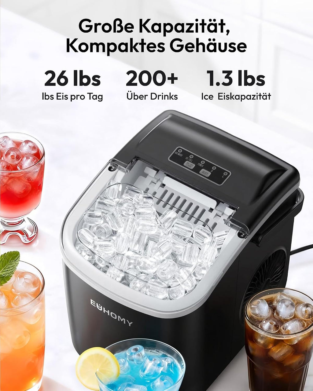 EUHOMY Small Ice Cube Maker, 12 kg Ice Cube Maker, 9 Cubes Ready in 6 Minutes, Black Ice Cube Machine with Portable Handle, 12 kg/24 H, Self-Cleaning Ice Cube Machines