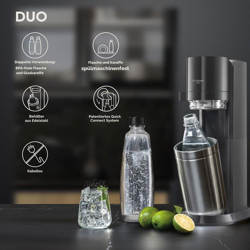 Sodastream Duo Sprudelwasser und Soda Maschine für Glaskanne | 1 Stück Glaskrug 1L + 1 Flasche 1L Edelstahl Finish Geschirrspüler + 1 60L Gas Nachfüllclip | Schwarz