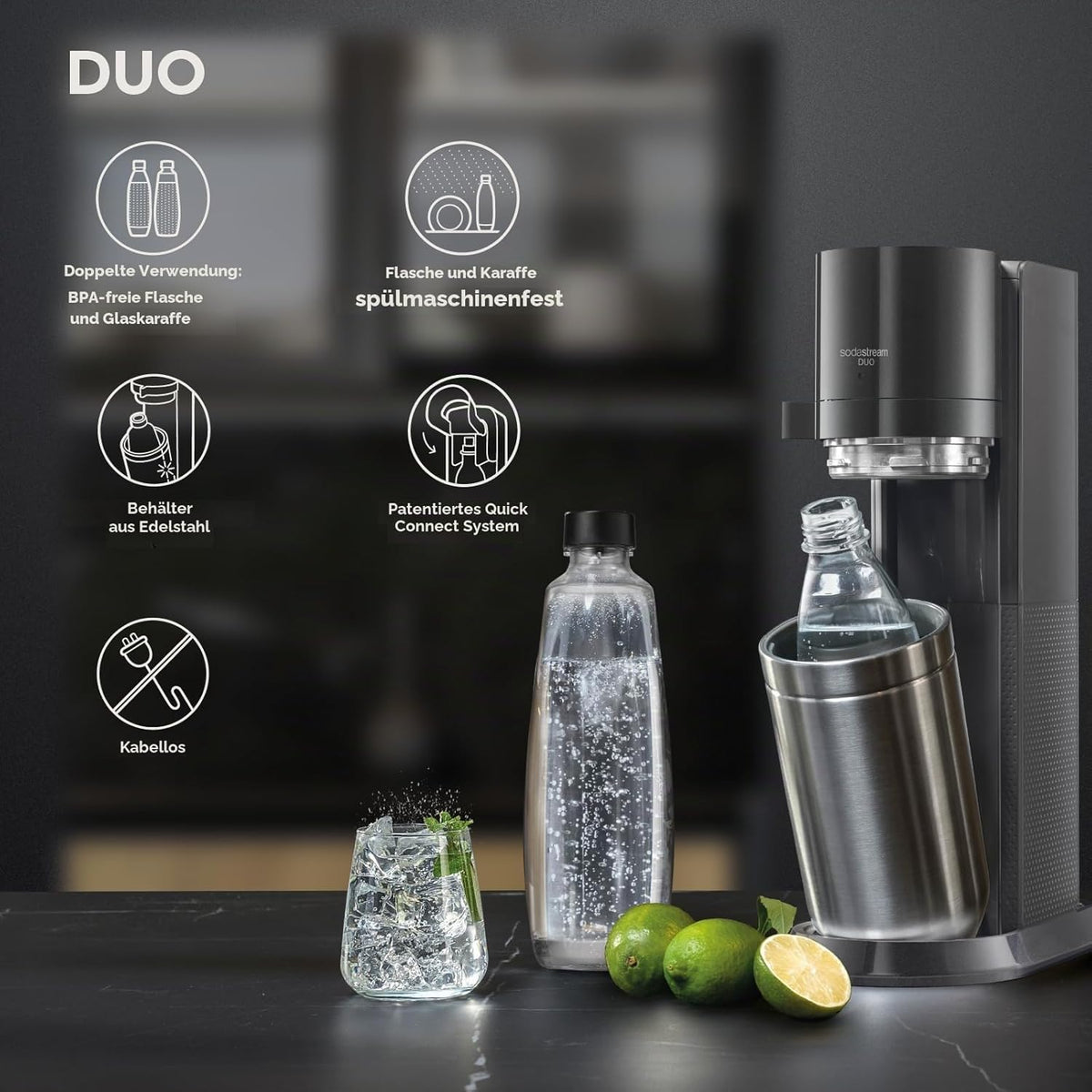 SodaStream Wassersprudler DUO Vorteilspack mit 1x Quick-Connect CO2-Zylinder, 2x 1L Glasflasche und 1x 1L spülmaschinenfeste Kunststoff-Flasche, Höhe: 44cm, Farbe: Titan