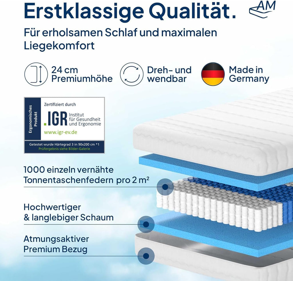 AM Qualitätsmatratzen 1000 Federn Taschenfederkernmatratze 90x200cm H3 24cm - Made in Germany & Oeko TEX Siegel - Federkernmatratze 90x200 mit Lyocell Bezug - 7 Zonen Matratze 90x200 H3