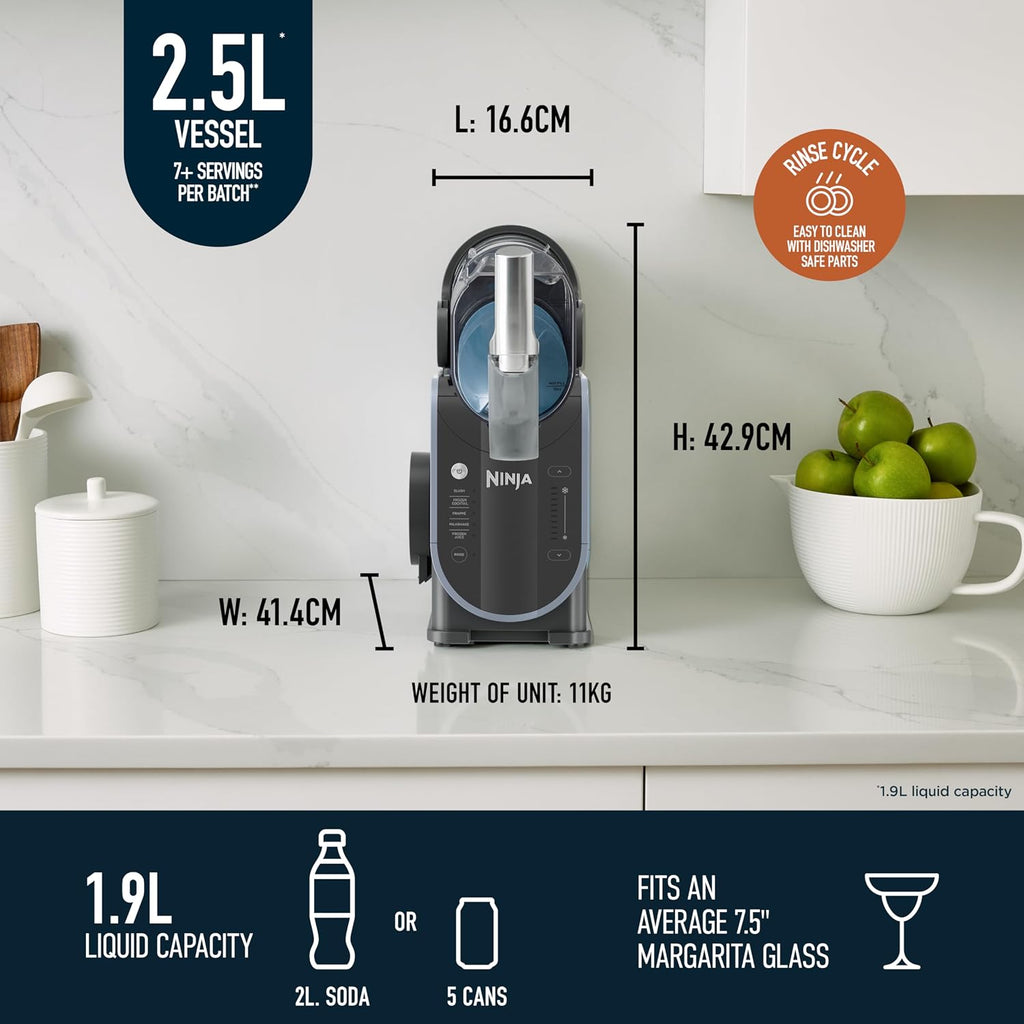 Ninja SLUSHi Frozen Drinks Maker, Create Slush, Frozen Cocktails, Frappé | Milkshakes & Frozen Juice, No Ice or Preperation Needed, WhisperChill Technology, 1.9l Capacity, Blue & Grey FS301UK