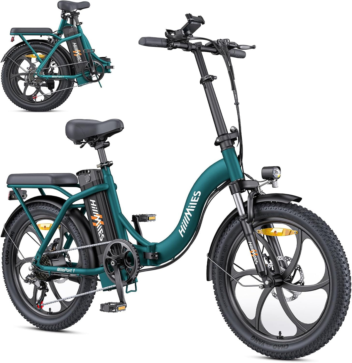 HillMiles MilePort 1 E-Bike klappbar 250W – 36V/13Ah, 100km, 7-Gang, Dual-Federung, 20", Grün