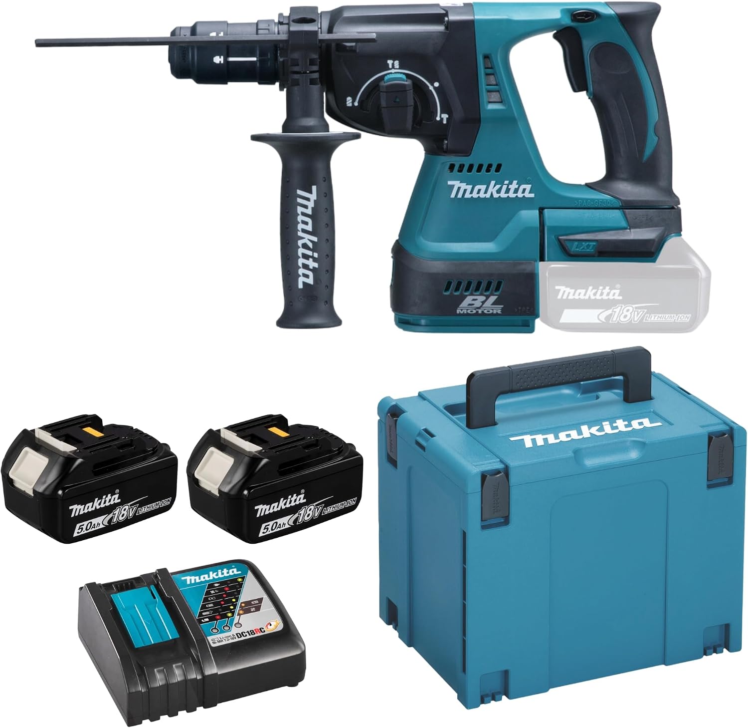 Makita Akku-Kombihammer für SDS-Plus, (18 V, 5,0 Ah im Makpac inklusive 2 Akkus und Ladegerät), DHR243RTJ