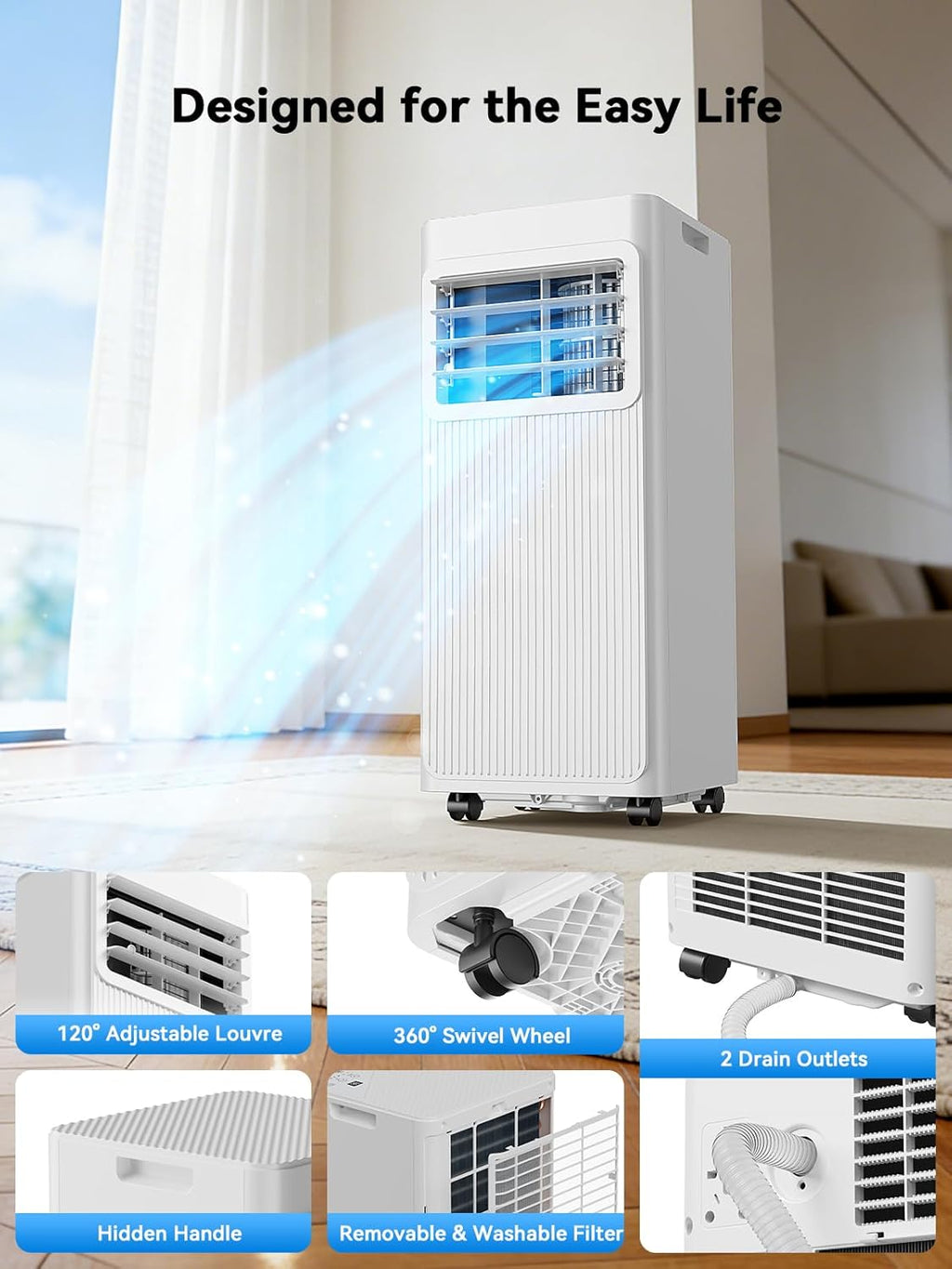 7000 BTU Portable Air Conditioner, 4-in-1 Air Conditioning Unit with Dehumidifier, Fan & Sleep Mode, Quiet 24H Timer, Cools up to 28 m² (300 sq.ft) for Bedroom Office Bright White [Energy Class A]