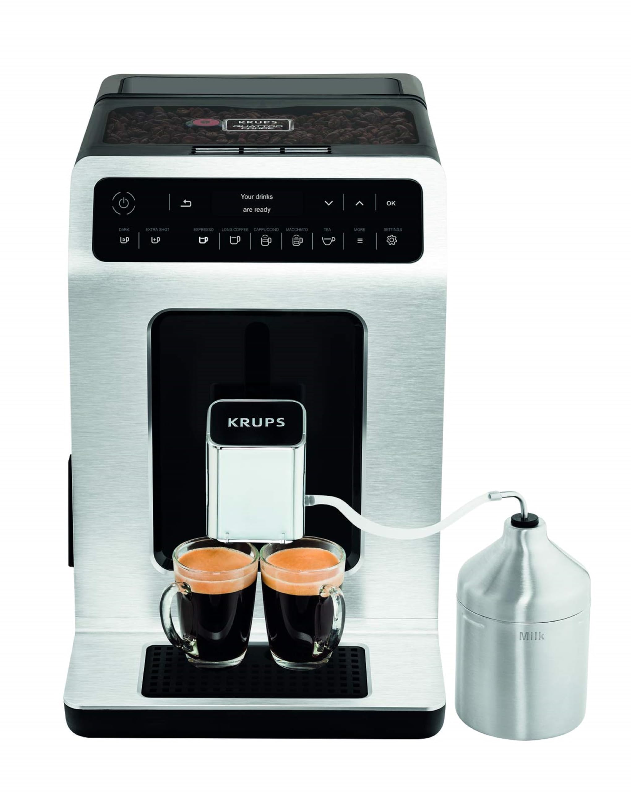 KRUPS Evidence ECOdesign Kaffeevollautomat mit Milchschlauch, 7 Getränkeoptionen, 2-Tassen-Funktion, Recyceltes Material, Kaffeemaschinemit Bedienfeld, Weiß/Schiefer, EA897A10