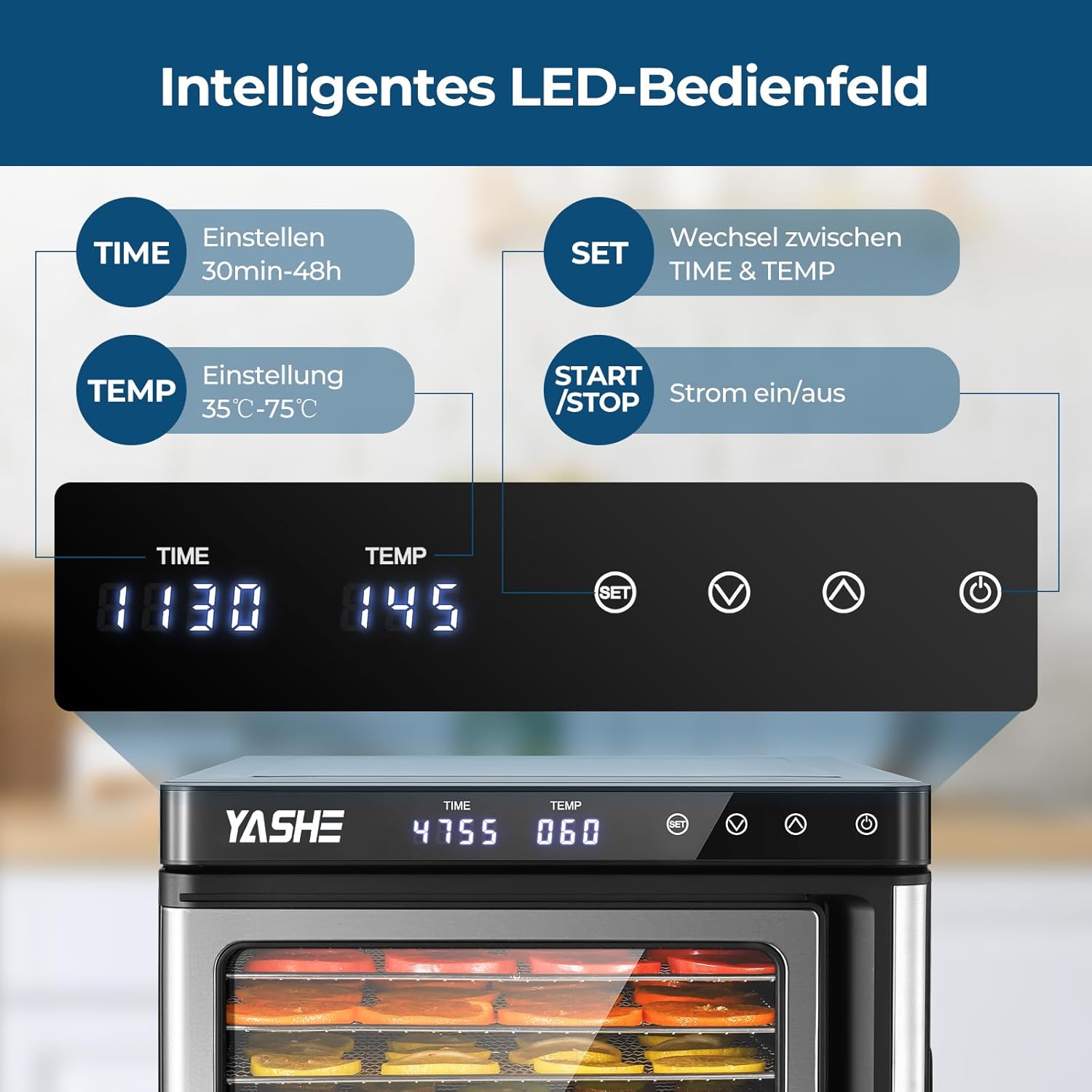 Edelstahl Dörrautomat, 1000W Dörrgerät für Obst und Gemüse mit LED-Anzeige, präziser Temperaturregelung (35-75°C), 48-Stunden-Timer, 9 Edelstahlschalen, 2 Maschensiebe, 1 Schale für Obstrolleno