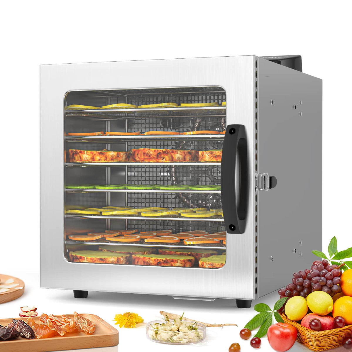 Lecon Dehydrator Stainless Steel Dehydrator Food 30-90°C, 24-Hour Timer Dehydrator for Food, Meat, Fruit, Vegetable Dryer, Fruit Dryer, Dehydrator with Apron, Sealed Tank (8 Levels)o