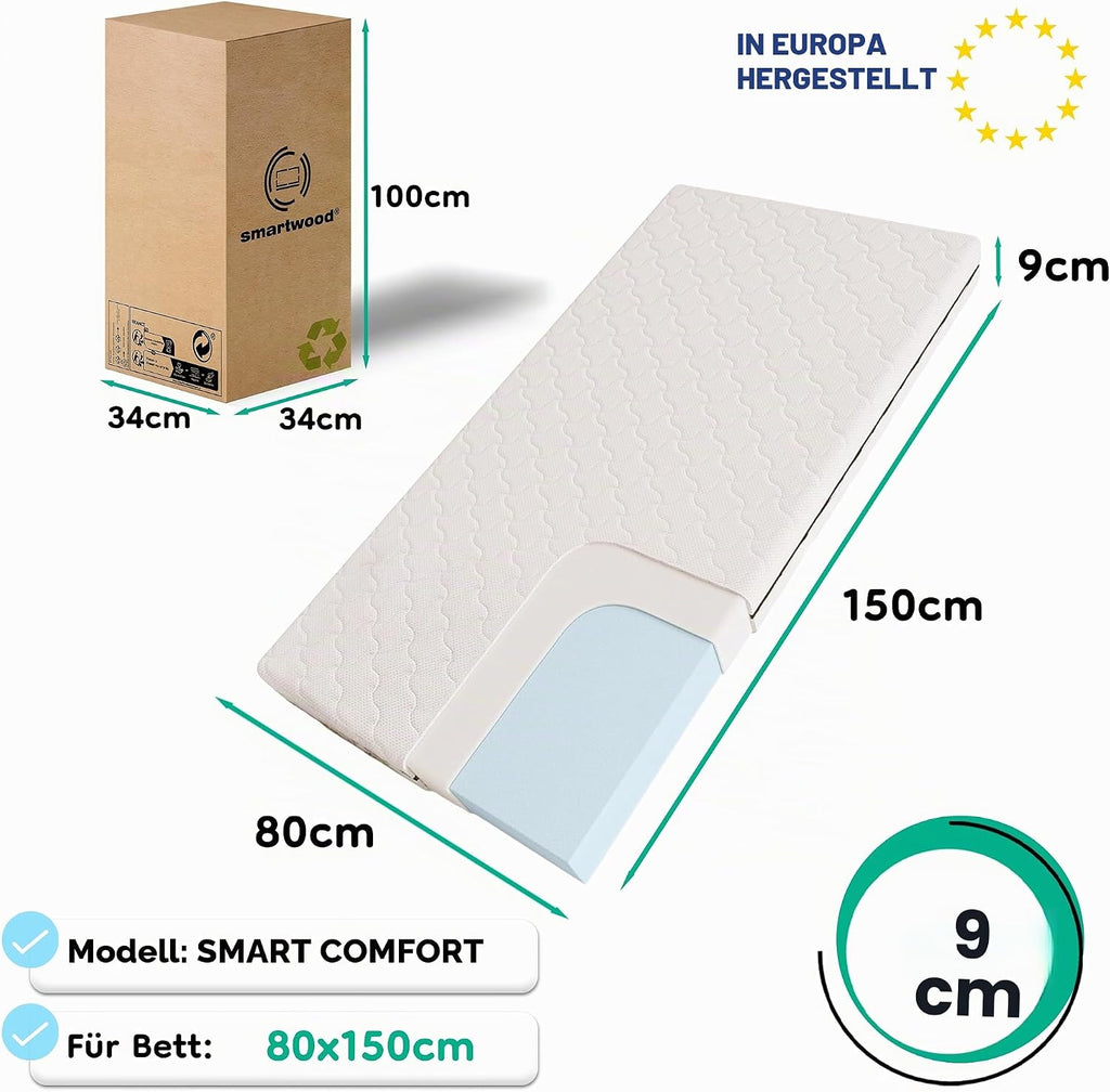 smartwood Matratze 80x150 9 cm, H2, Schaumstoffmatratze, SmartComfort