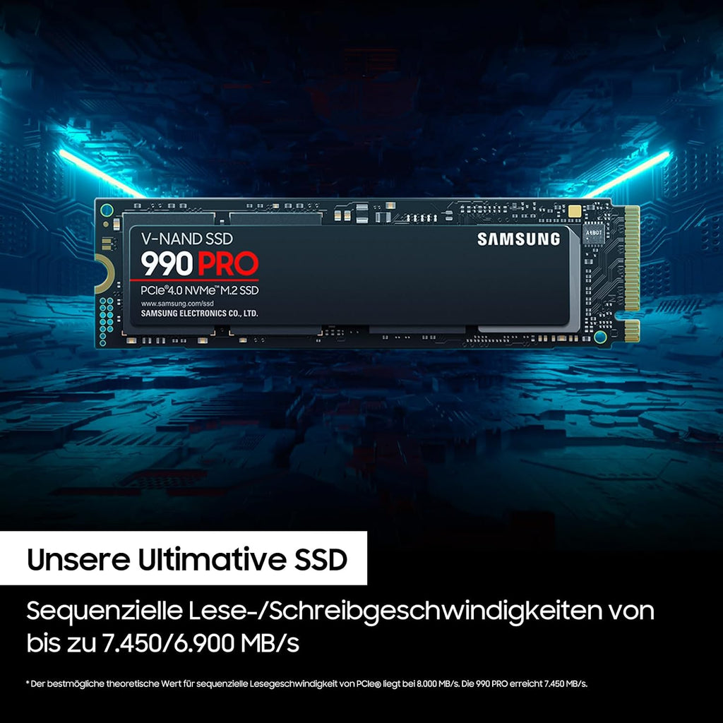 Samsung 990 PRO NVMe M.2 SSD, 2 TB, PCIe 4.0, 7.450 MB/s Lesen, 6.900 MB/s Schreiben, Interne SSD, Interne SSD für Gaming und Videobearbeitung, Schwarz, MZ-V9P2T0BW
