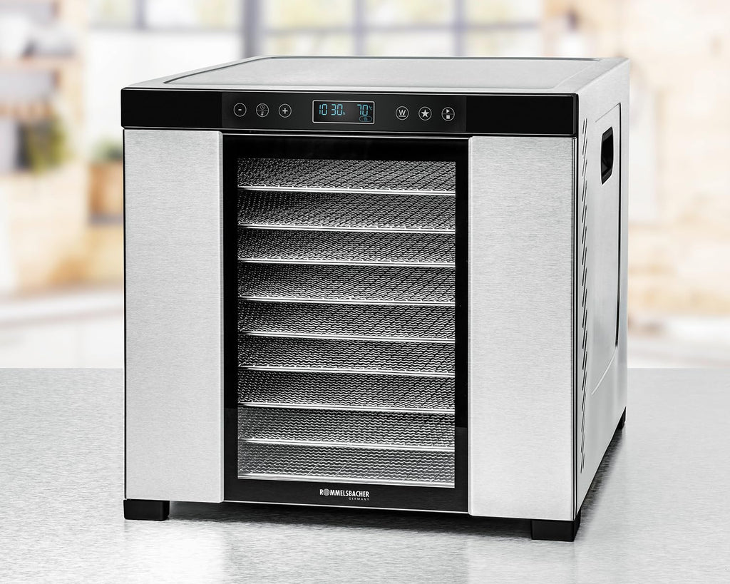 ROMMELSBACHER Dörrautomat DA 1000, XXL-Dörrfläche 1,6 m², inkl. 10 Edelstahl-Dörrtabletts, 2 Dörrgitter, 2 Dörrmatten, LED-Display, 24 Std. Zeitschaltuhr, Temperatur einstellbar (35 °C – 75 °C)o