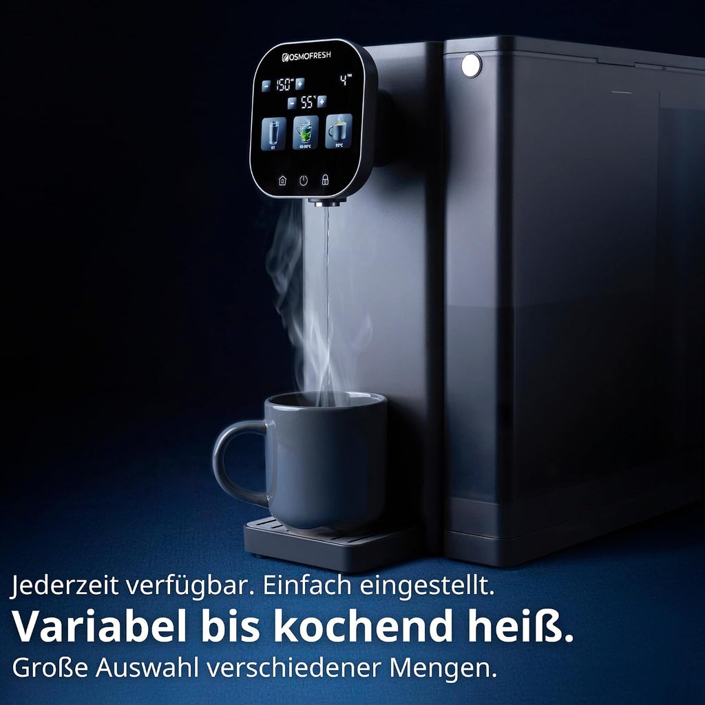 OsmoFresh Fusion Air Countertop Osmosis System, No Installation, Hot Water Dispenser, Filtering & Minerals, Triple UV-C LED, Waste Water Ratio 2:1, TÜV Certified