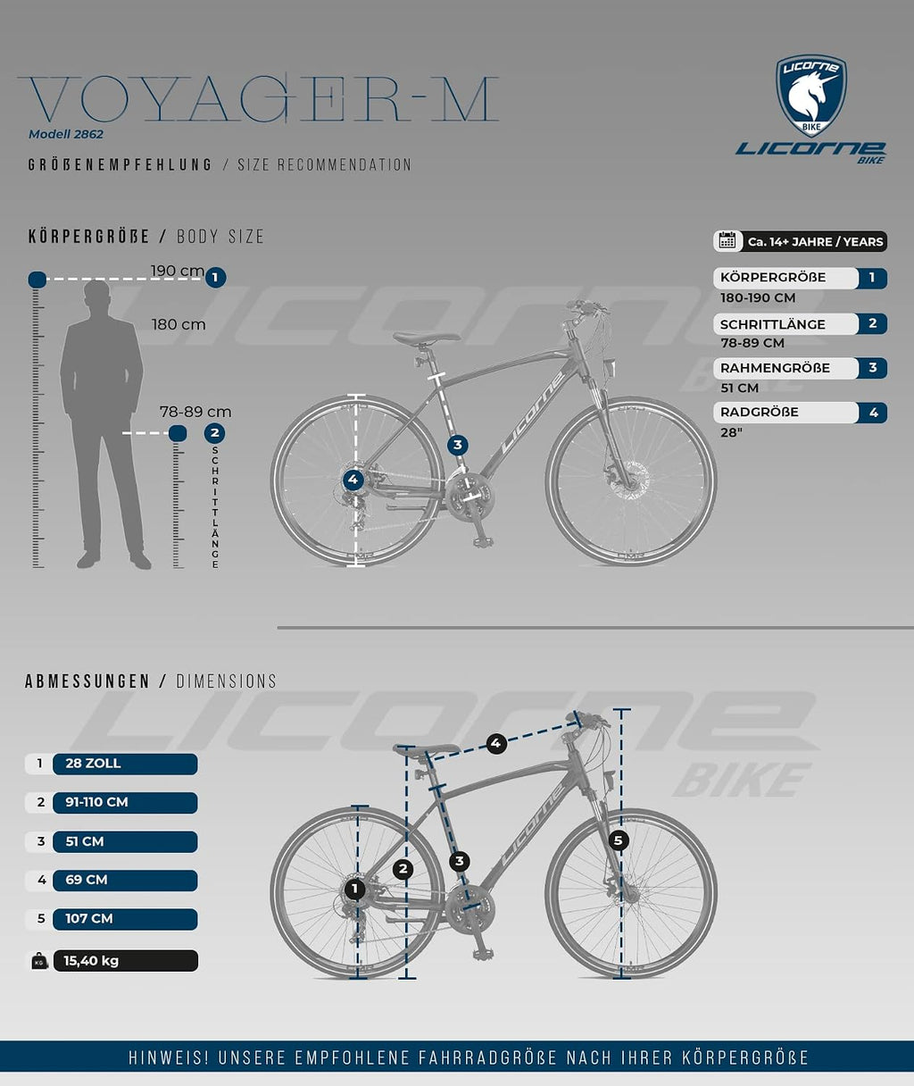 Licorne Bike Premium Voyager Trekking Bike in 28 Zoll Aluminium Scheibenbremse Fahrrad für Jungen, Mädchen, Damen und Herren - 21 Gang-Schaltung - Mountainbike - Crossbike