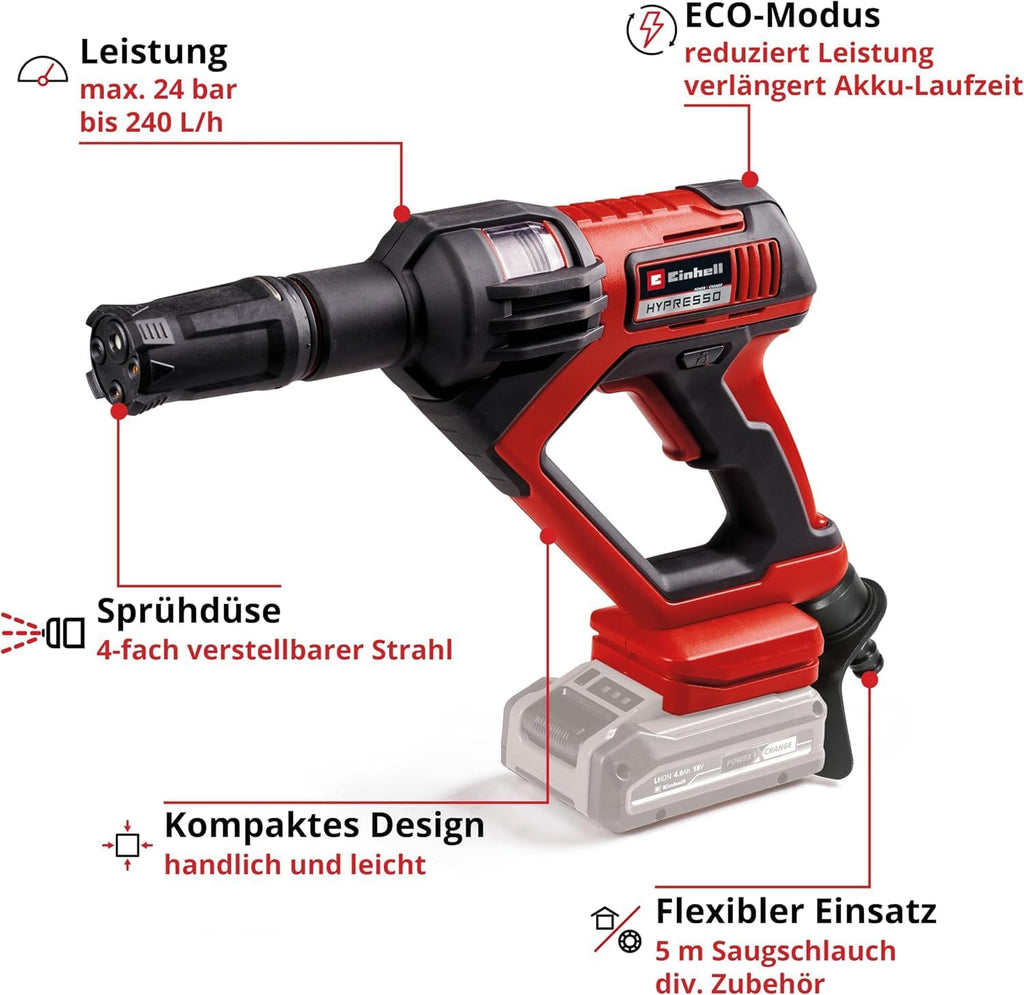 Einhell Hypresso 18/24-1 Power X-Change Cordless Pressure Washer Gun (18 V, 24 Bar, Mobile Cleaning and Irrigation, 240 L/h, Includes Accessories, without Battery and Charger)