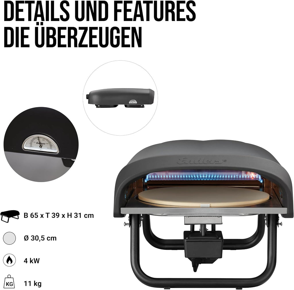 Enders® Pizzaofen PACO™ Rotate, Pizzastein rund, Thermometer, Pizza, Edelstahlbrenner, 4kW, Cordierit-Pizzastein 30,5cm, rotierend, stufenlos regulierbarer Edelstahlbrenner #31316