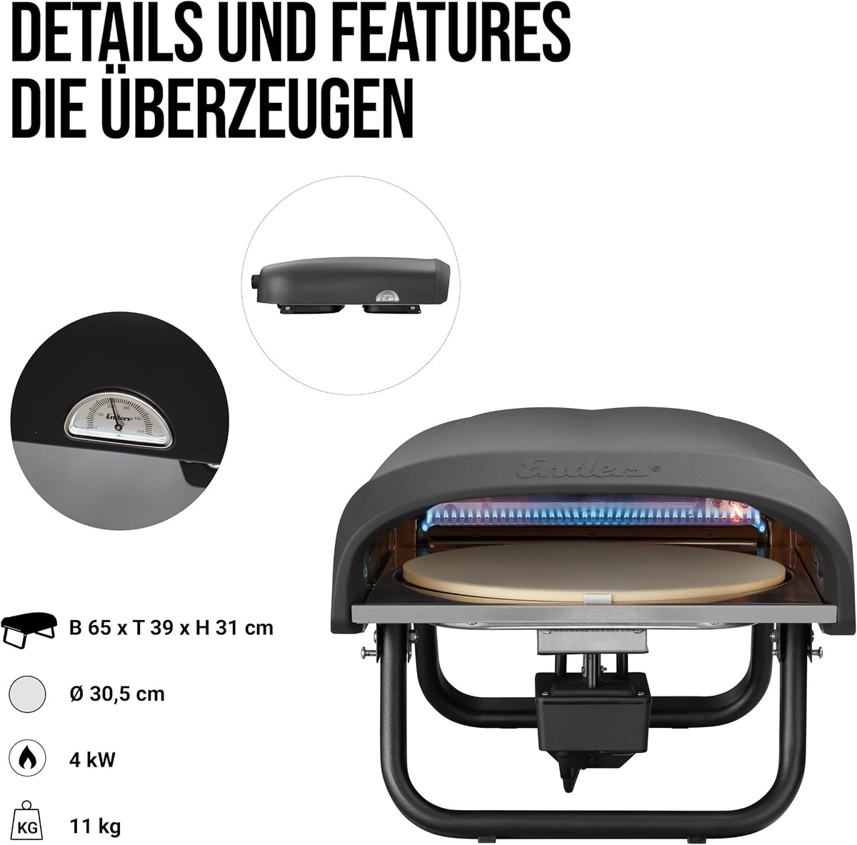 Enders® Pizzaofen PACO™ Rotate, Pizzastein rund, Thermometer, Pizza, Edelstahlbrenner, 4kW, Cordierit-Pizzastein 30,5cm, rotierend, stufenlos regulierbarer Edelstahlbrenner #31316
