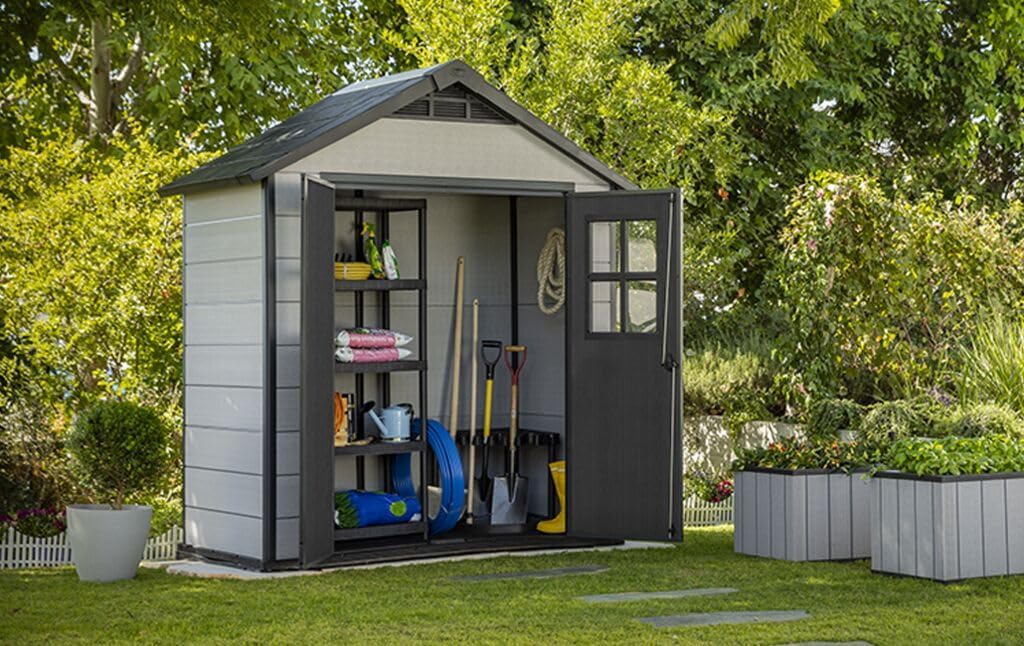 Keter Gerätehaus Oakland 754, Grau, 4,3m³, Außenmaße B/T/H: 229,6 x 124,8 x 253 cm, Duotech Struktur, wetterfest, Doppeltür, Oberlicht und Fenster, strapazierfähiger Schwerlastboden