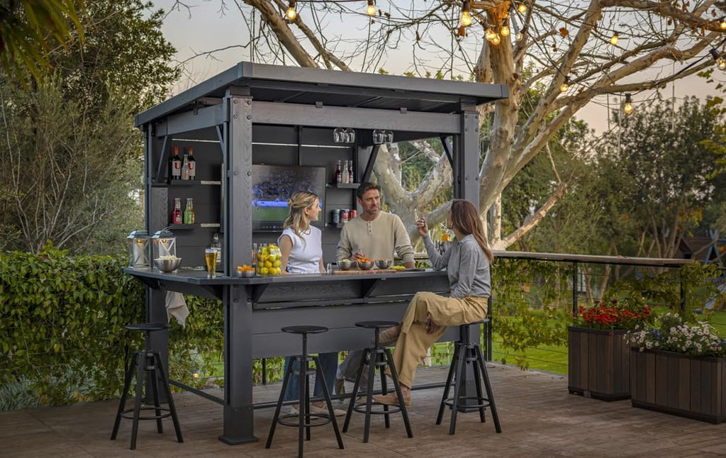 Keter Bar Gazebo Gartenpavillon mit integriertem Bartresen, wetterfest, H238 x B230 x T200 cm, DecoCoat Holzoptik in Walnuss, aus Kunststoff & Metall