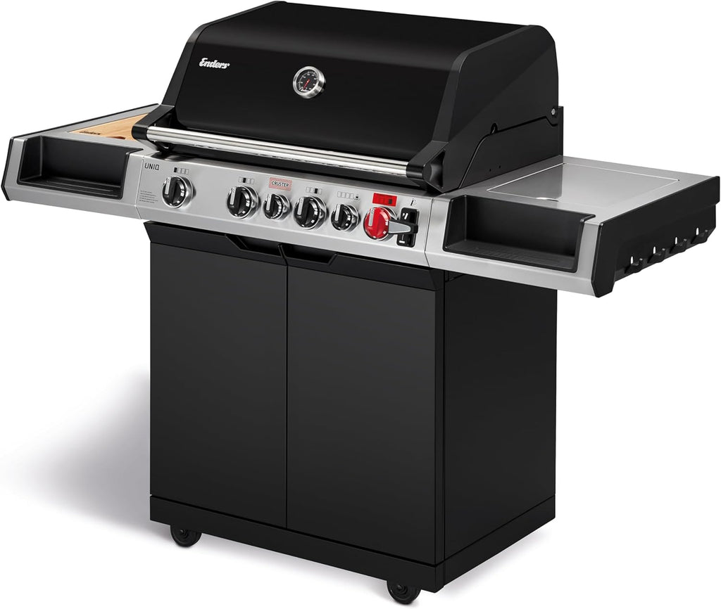 Enders® Gasgrill UNIQ 4 IK CRUSTER®, 4-Edelstahlbrenner, mehrstufige Drehregler, 800 °C TURBO ZONE™, SWITCH GRID™, HEAT RANGE™, SIMPLE CLEAN™, doppelwandige Garhaube, GN ½ Container, Bambusbrett #8702