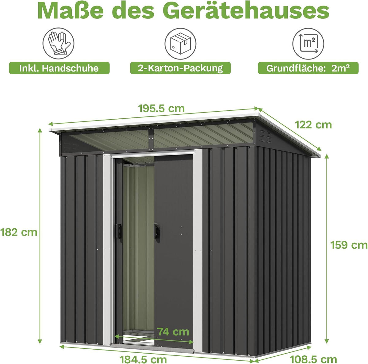 Devoko Metall Geräteschuppen 196x122x182cm mit Fundament, 4.2m³ Gerätehaus mit Oberlichte und Pultdach, Outdoor, Wetterfest, Fahrradschuppen, Gartenhaus für Terrasse, Rasen, Anthrazit