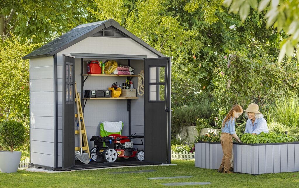 Keter Gerätehaus Oakland 754, Grau, 4,3m³, Außenmaße B/T/H: 229,6 x 124,8 x 253 cm, Duotech Struktur, wetterfest, Doppeltür, Oberlicht und Fenster, strapazierfähiger Schwerlastboden
