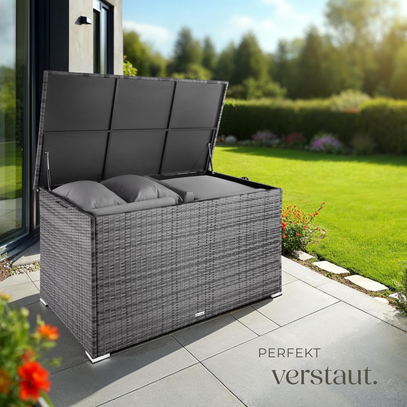 tectake® Aluminium Polyrattan Aufbewahrungsbox mit Deckel, 750L, Gartenkiste wetterfest, Gartenbox mit Gasdruckfedern, Garten Auflagenbox, UV-beständig, rostfrei, Stauraum, 145x82,5x79,5 cm - grau