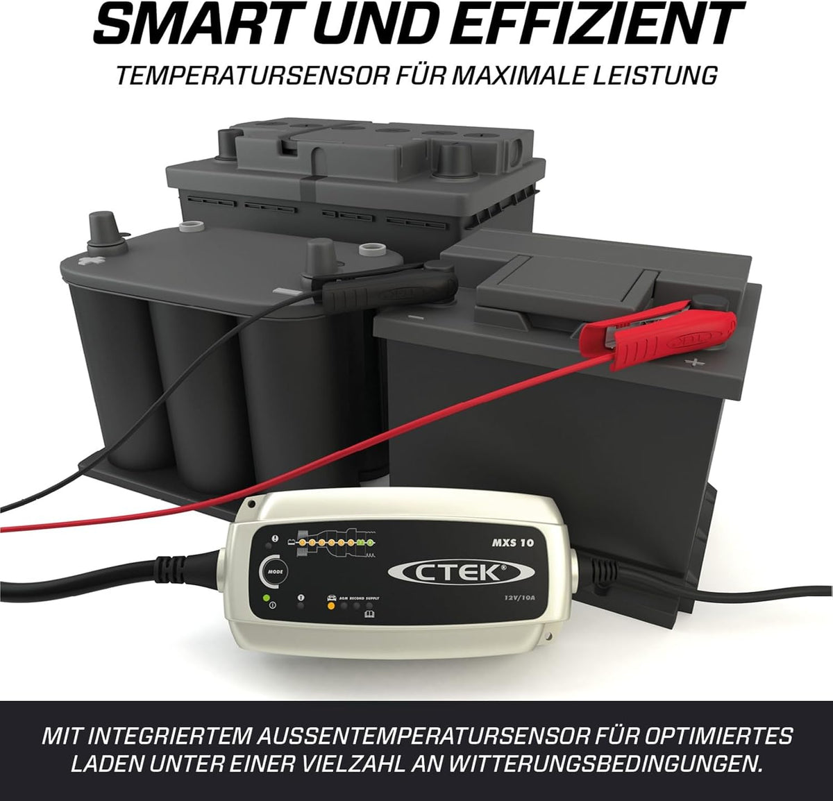 CTEK MXS 10 Batterieladegerät für Größere Fahrzeugbatterien, Batterieladegerät Boot, Wohnwagen, Schwarz, Silber, Rot