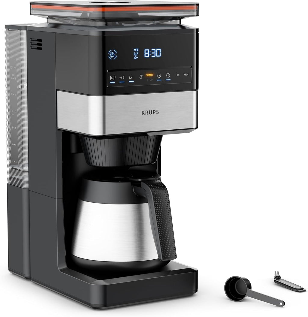 KRUPS Grind Aroma XL Filterkaffeemaschine, abnehmbares Kegelmahlwerk, digitales Bedienfeld, XL-Fassungsvermögen (1,25 L), Edelstahl-Thermoskanne, Schwarz/Edelstahl, KT842810