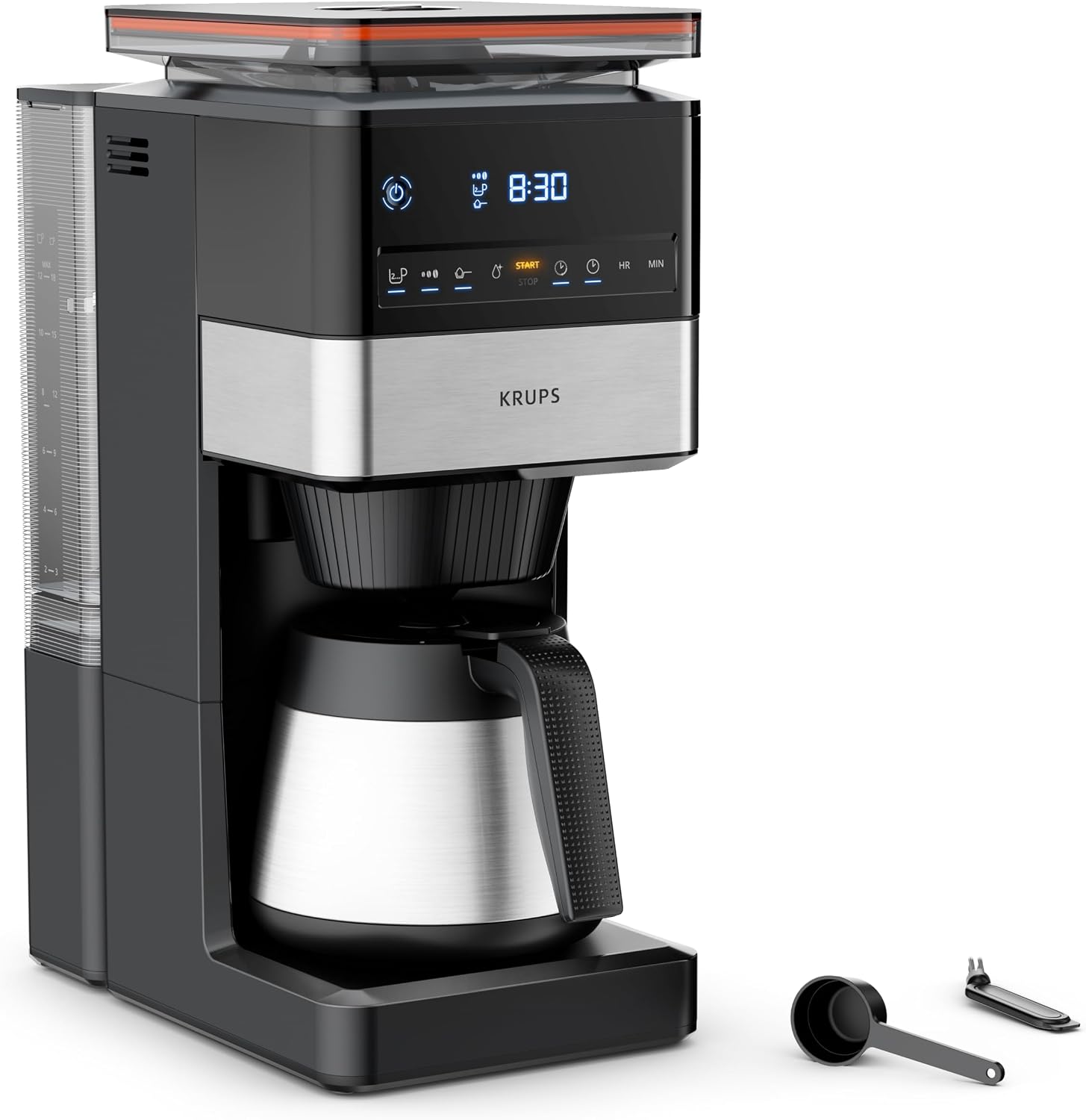 KRUPS Grind Aroma XL Filterkaffeemaschine, abnehmbares Kegelmahlwerk, digitales Bedienfeld, XL-Fassungsvermögen (1,25 L), Edelstahl-Thermoskanne, Schwarz/Edelstahl, KT842810
