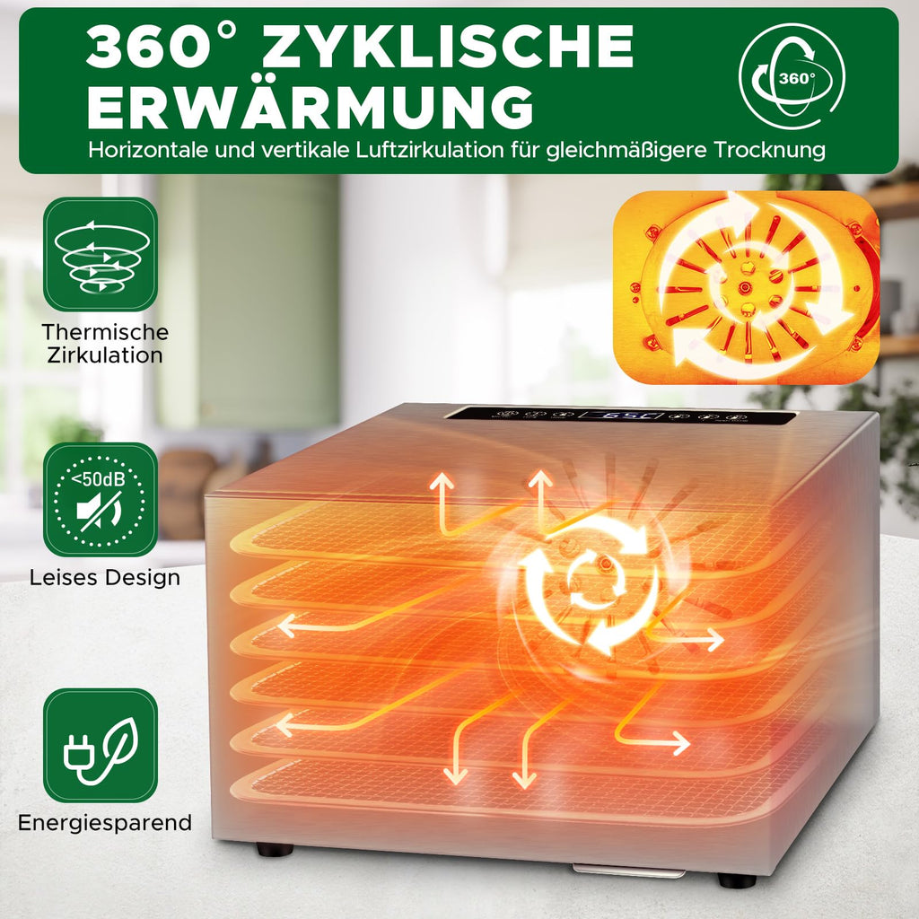 Kwasyo Dörrautomat Edelstahl DA 1000, XXL-Dörrfläche 1,8 m², Dörrgerät Temperatur einstellbar 30-90℃, LED-Display, 24 Std, BPA-frei, mit Rezeptheft, 10 Edelstahl-Dörrtablettso