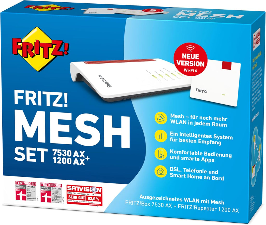 FRITZ!Mesh Set – 7530 AX Wi-Fi 6 Router + 1200 AX Repeater, bis 2.400 MBit/so