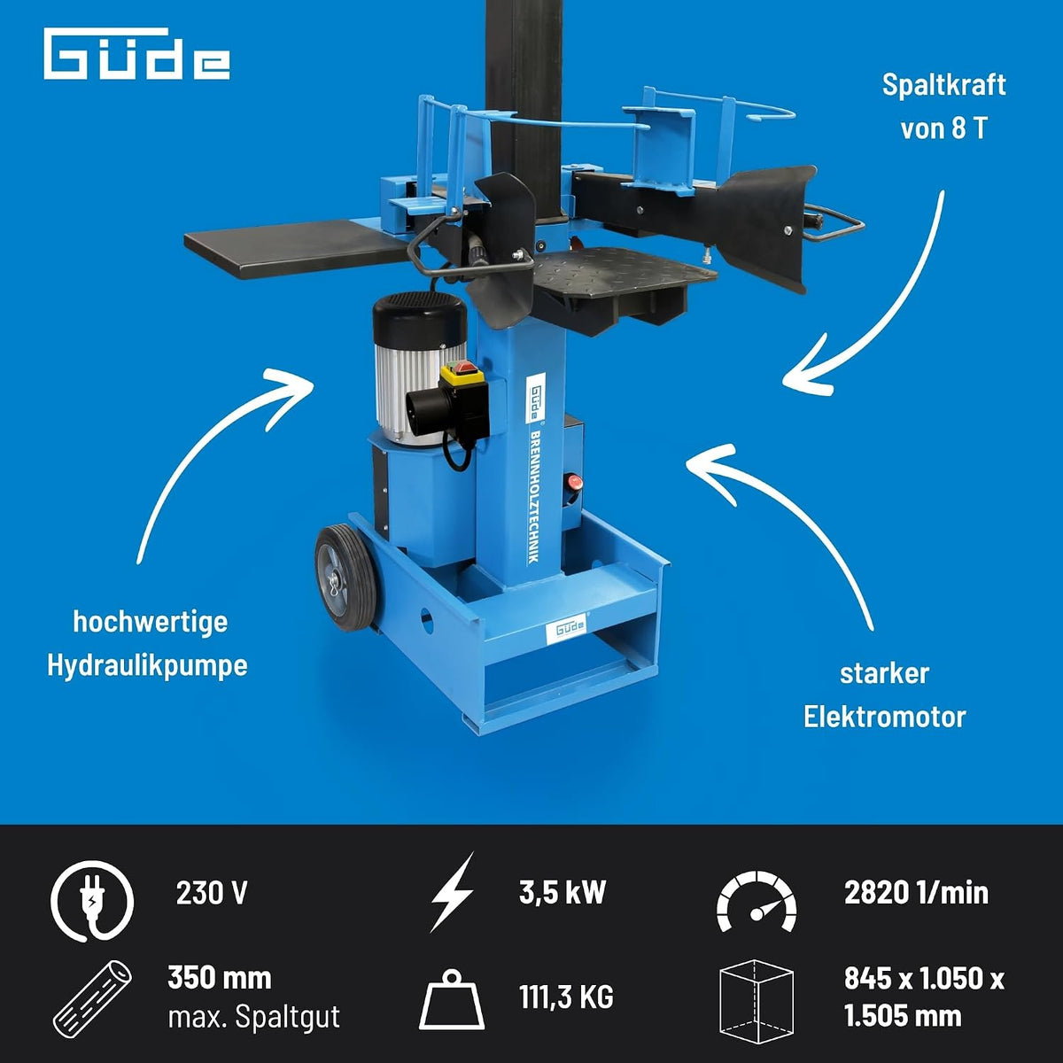 Güde 2052 HOLZSPALTER GHS 500/8TE, 230V, 3,5 kW, Spaltgutfaenger beidseitig
