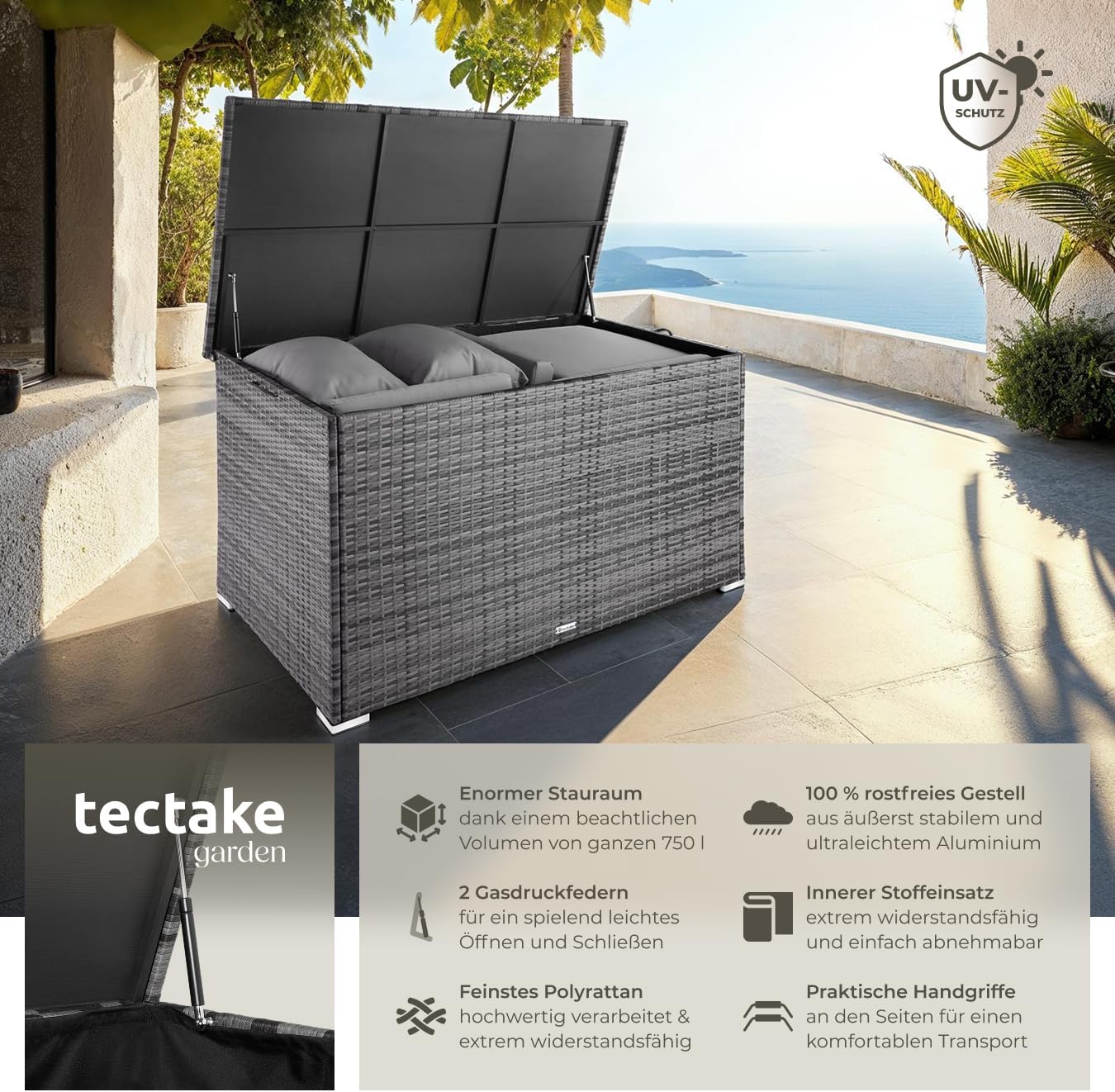 tectake® Aluminium Polyrattan Aufbewahrungsbox mit Deckel, 750L, Gartenkiste wetterfest, Gartenbox mit Gasdruckfedern, Garten Auflagenbox, UV-beständig, rostfrei, Stauraum, 145x82,5x79,5 cm - grau