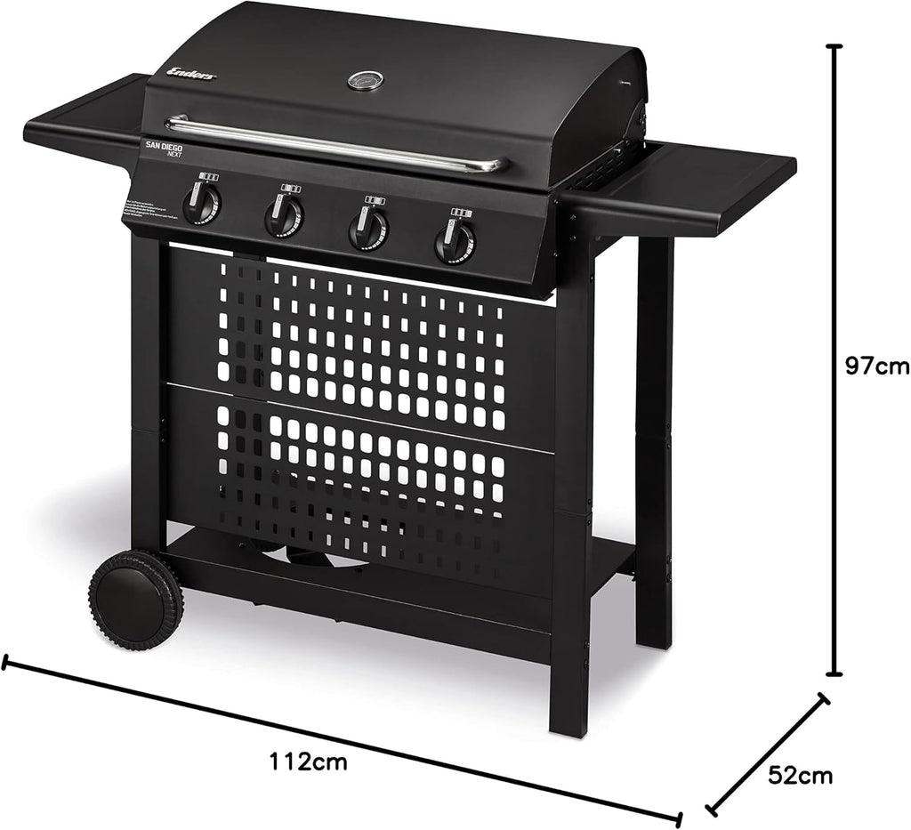 Enders Gasgrill SAN DIEGO NEXT 4, 4 Brenner aus Edelstahl, mit Grillthermometer, kleiner Gasgrill, Camping, Edelstahlrost, Balkon Gas Grill,stabile Seitenablagen #80176