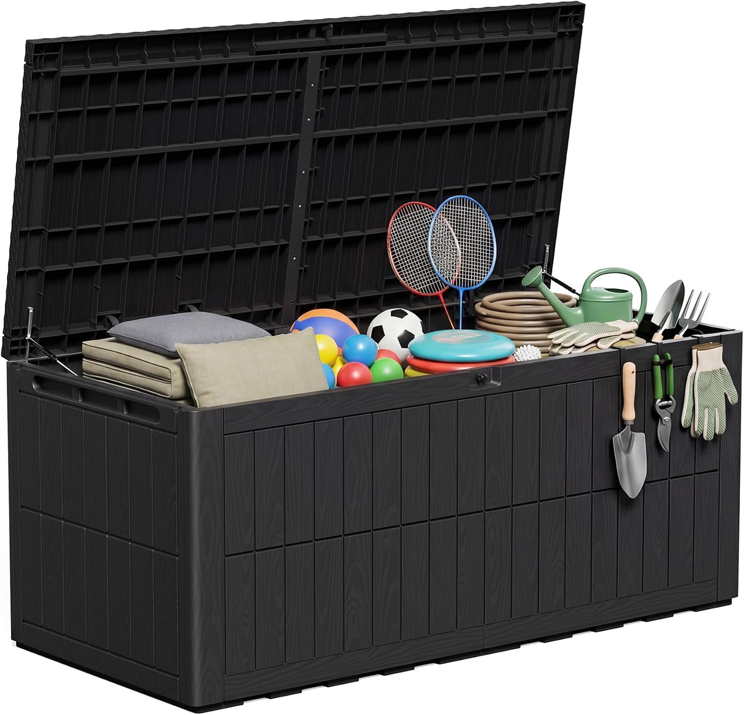 Amopatio Auflagenbox 680 Liter, Gartenbox XXL Wasserdicht aus Resin, Kissenbox für Balkon, Garten & Terrasse, Aufbewahrungsbox Wetterfeste mit Gasdruckfeder, Schwarz
