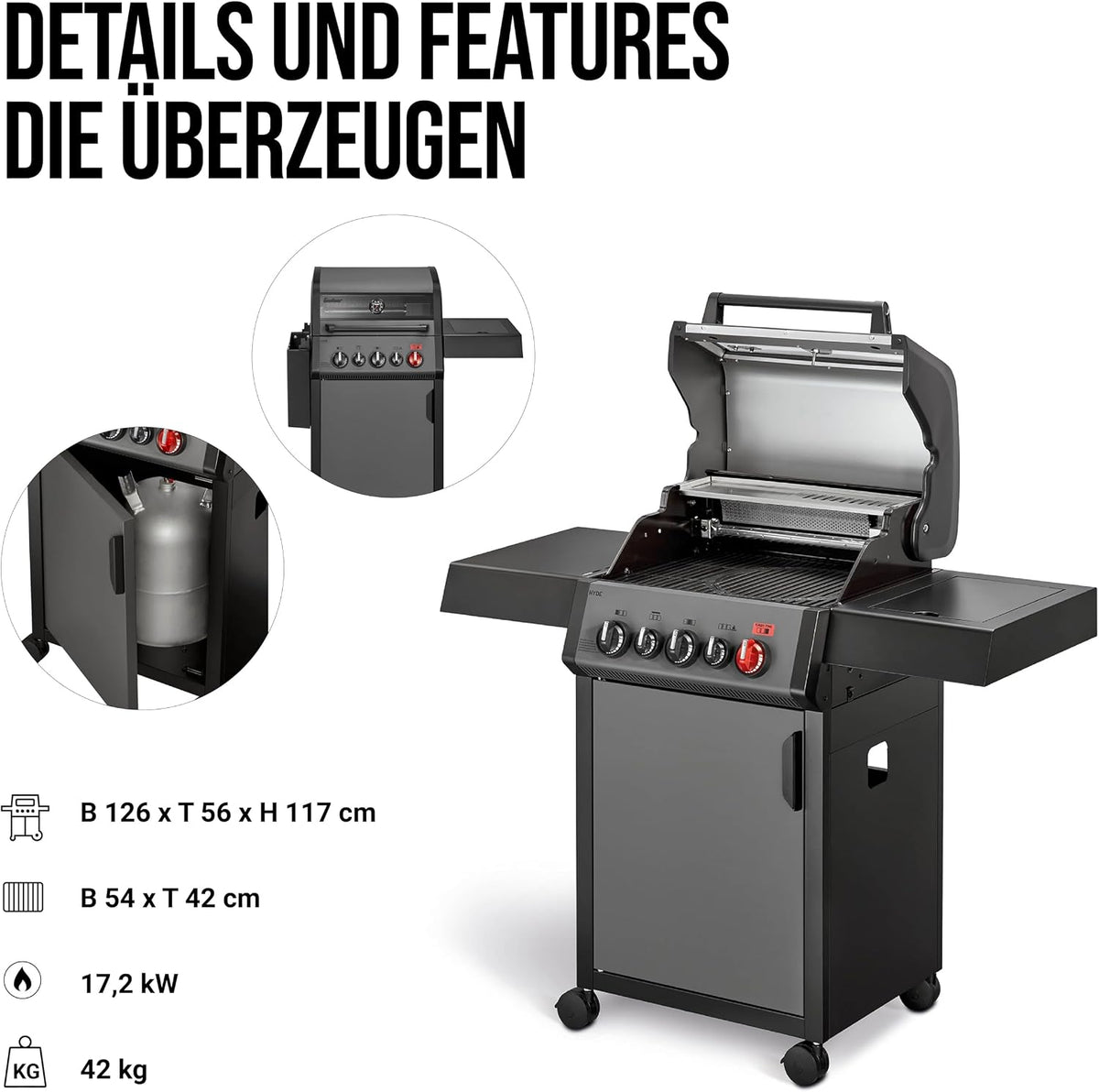 Enders® Gasgrill HYDE 3 SIKR Turbo, 3 Brenner aus Edelstahl für kraftvolles direktes und indirektes Grillen, 800 °C TURBO ZONE™, SWITCH GRID™, Infarot-Backburner und Seitenkocher, #8040