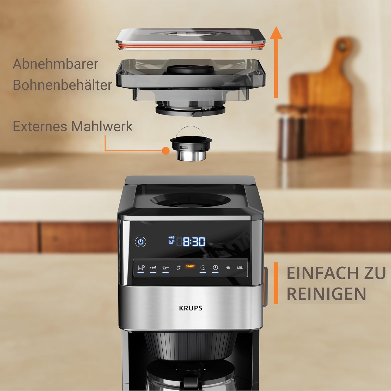 KRUPS Grind Aroma XL Filterkaffeemaschine, abnehmbares Kegelmahlwerk, digitales Bedienfeld, XL-Fassungsvermögen (1,5 L), Warmhaltefunktion, Glaskanne, Schwarz/Edelstahl, KM842810