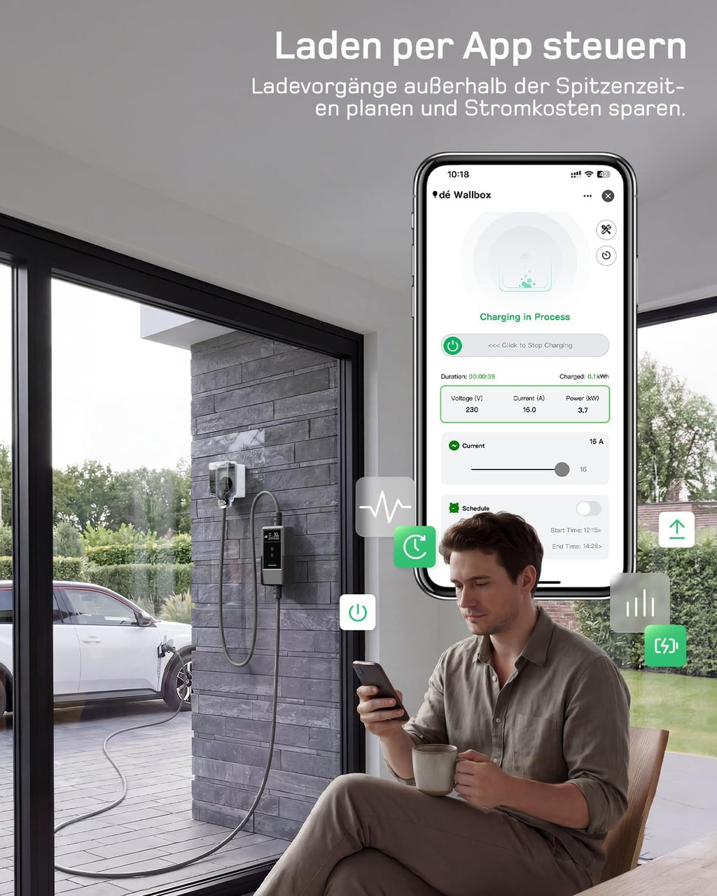 dé Typ 2 Ladekabel Schuko mit APP 3,7kW 7m, 6-16A einstellbar, schwarz