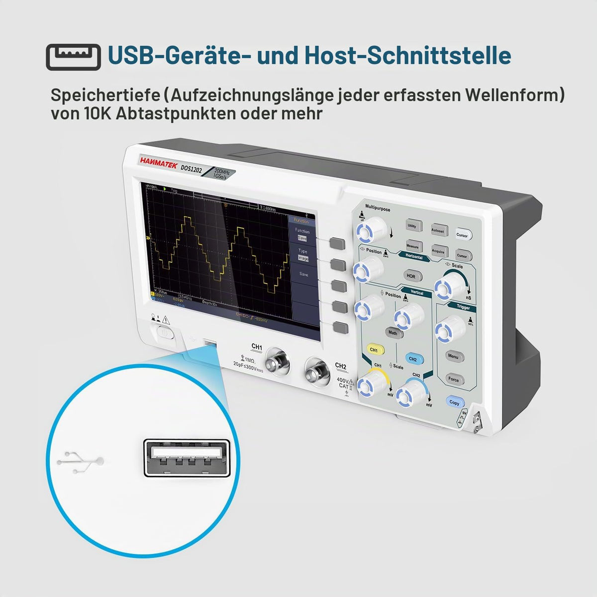 HANMATEK 200 MHz Bandwidth DOS1202 Digital Oscilloscope with 2 Channels and Screen 7 Inch / 18 cm, TFT LCD Display, Portable Professional Oscilloscope Kit with 1GS/s Sampling Rate