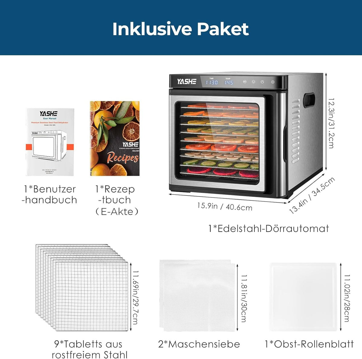 Edelstahl Dörrautomat, 1000W Dörrgerät für Obst und Gemüse mit LED-Anzeige, präziser Temperaturregelung (35-75°C), 48-Stunden-Timer, 9 Edelstahlschalen, 2 Maschensiebe, 1 Schale für Obstrolleno