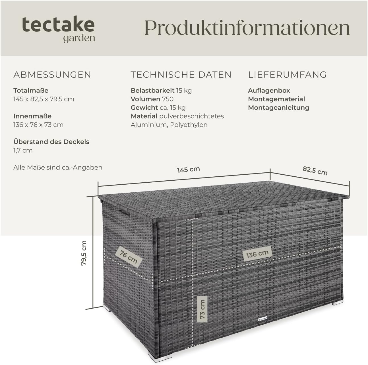 tectake® Aluminium Polyrattan Aufbewahrungsbox mit Deckel, 750L, Gartenkiste wetterfest, Gartenbox mit Gasdruckfedern, Garten Auflagenbox, UV-beständig, rostfrei, Stauraum, 145x82,5x79,5 cm - grau