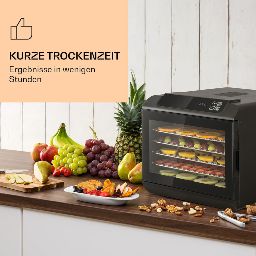 Klarstein Arizona Jerky Dörrautomat - Dörrgerät, Dehydrator, trocknet Obst, Fleisch und Früchte, 500 Watt, 35-70°C, 6 spülmaschinenfeste Einlagefächer, kurze Trockenzeit, Touch-Display, schwarzo
