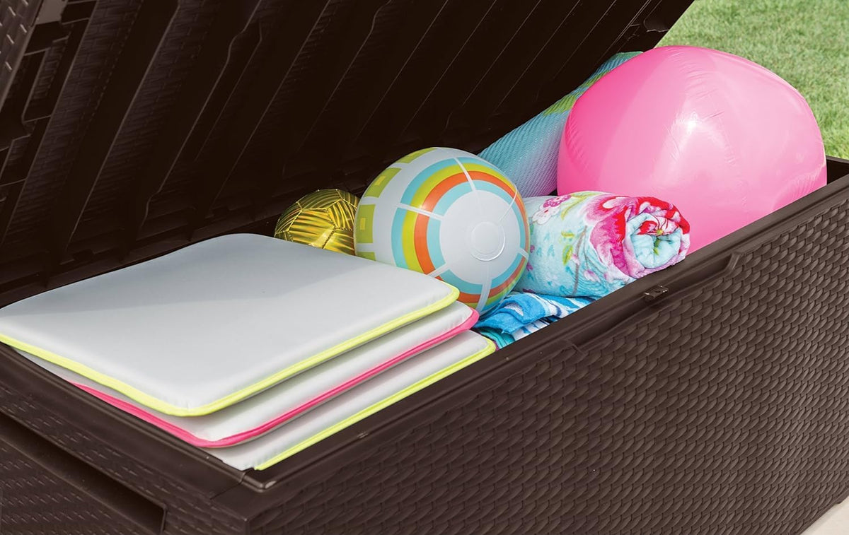 Keter Gartenbox Capri , 305 Liter Stauraum, Aufbewahrungsbox für den Garten, Braun, kompakte Auflagenbox, wasserdicht, perfekt für Sitzauflagen, Gartengeräte oder Spielzeug