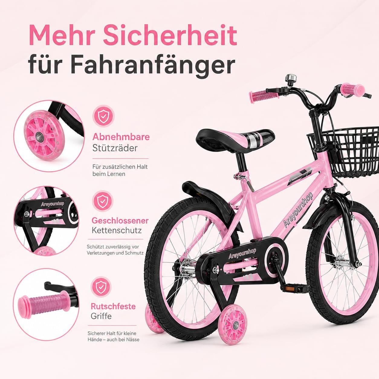 18 Zoll Kinderfahrrad, Verstellbarer Sitz & Lenker, Kohlenstoffstahlrahmen, Doppelbremsen, Stoßfeste Speichenräder, Magnetisches Blitzrad, Abnehmbare Stützräder