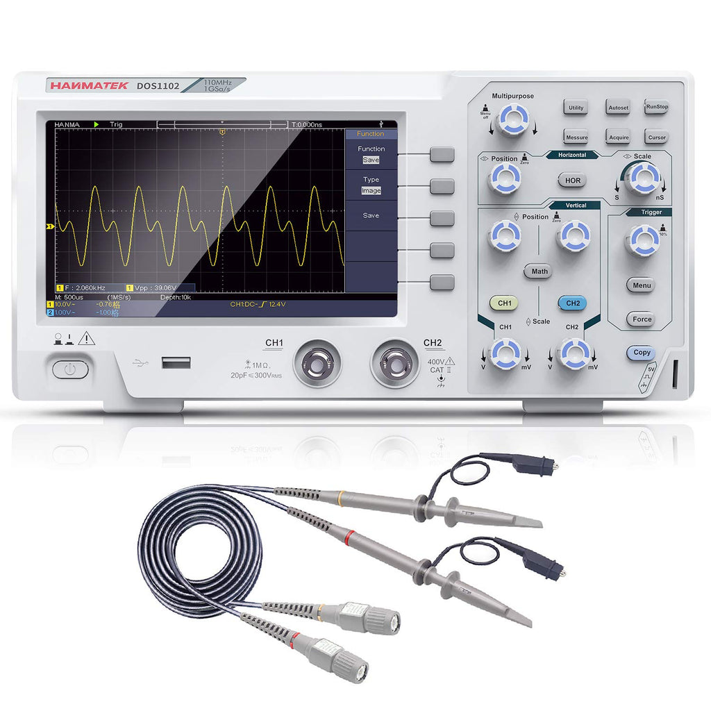 HANMATEK 200 MHz Bandwidth DOS1202 Digital Oscilloscope with 2 Channels and Screen 7 Inch / 18 cm, TFT LCD Display, Portable Professional Oscilloscope Kit with 1GS/s Sampling Rate