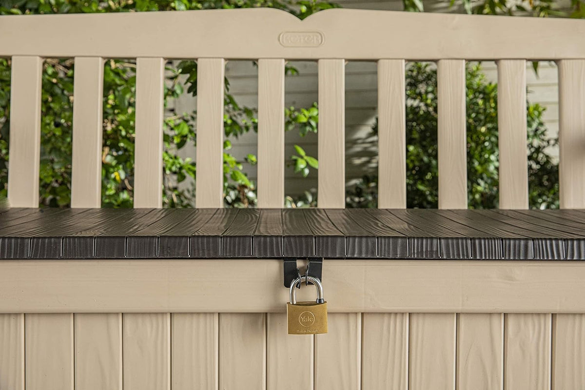 Keter Sitzbank Eden für Balkon und Garten, Gartenbank mit integrierter Kissenbox mit 265 l Stauraum, 140x60x84cm, wetterfest, pflegeleicht, beige, Outdoor, Holzoptik