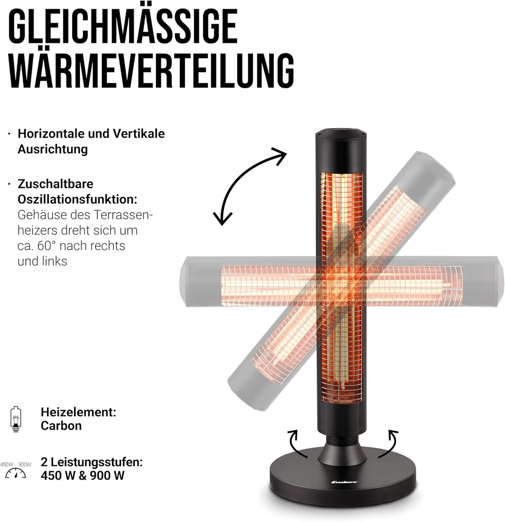 Enders Terrassenheizer Moow, Elektro Standstrahler, Heizpilz, 2 Leistungseinstellungen, 900 W, Infrarot-Strahlungswärme, Kippsicherung und Transportgriff, 60° zuschaltbare Oszillationsfunktion #49246